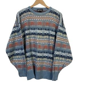 Vintage Eaton Birkdale Cotton Knit Geometric Blue Pullover Sweater Size Medium
